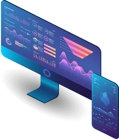 isometric-screen Isometrischer Bildschirm und Handy mit Daten und Tabellen
