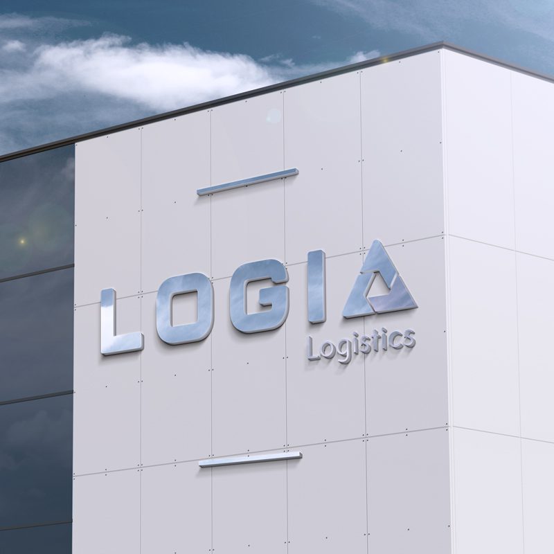Logo von Logia Logistics auf der Fassade eines modernen Gebäudes