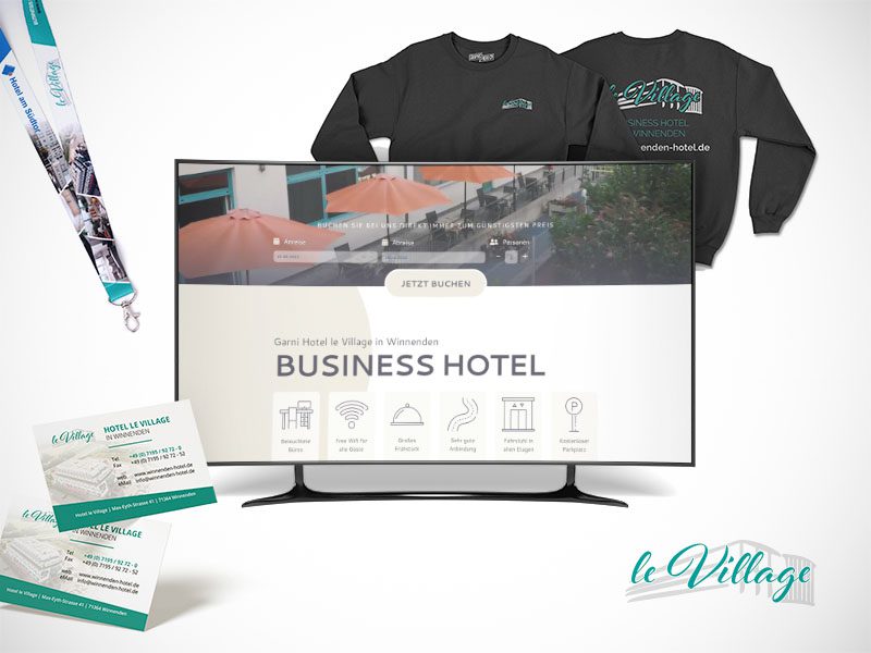 Website, Visitenkarten, Schlüsselanhänger und Pullover von Webboxes für das Hotel le Village