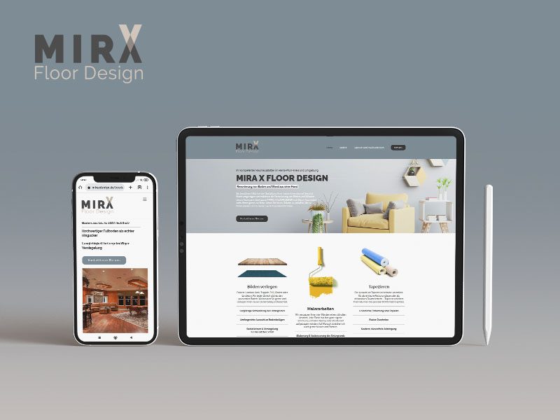 Logo und Website auf mobilen Endgeräten von Webboxes für MiraX Floordesign